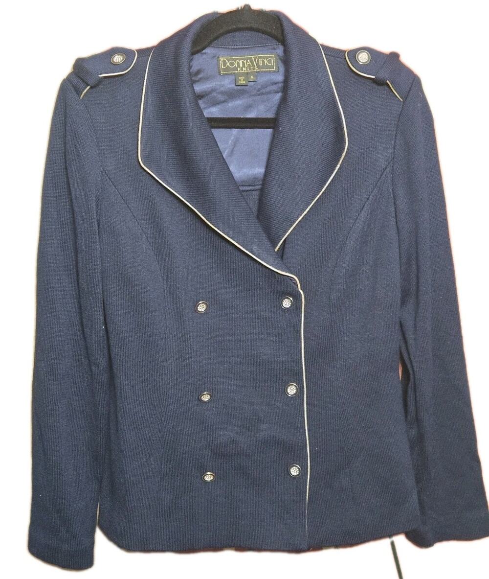 VTG Donna Vinci Knits Sz 6 Navy Blue Blazer Gold Piping Double Breasted